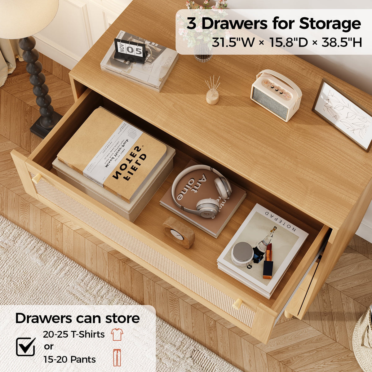 Farmhouse Rattan Dresser with 3 Drawers - Wooden Storage Chest for Bedroom, Living Room & Hallway, Vintage Style Organizer