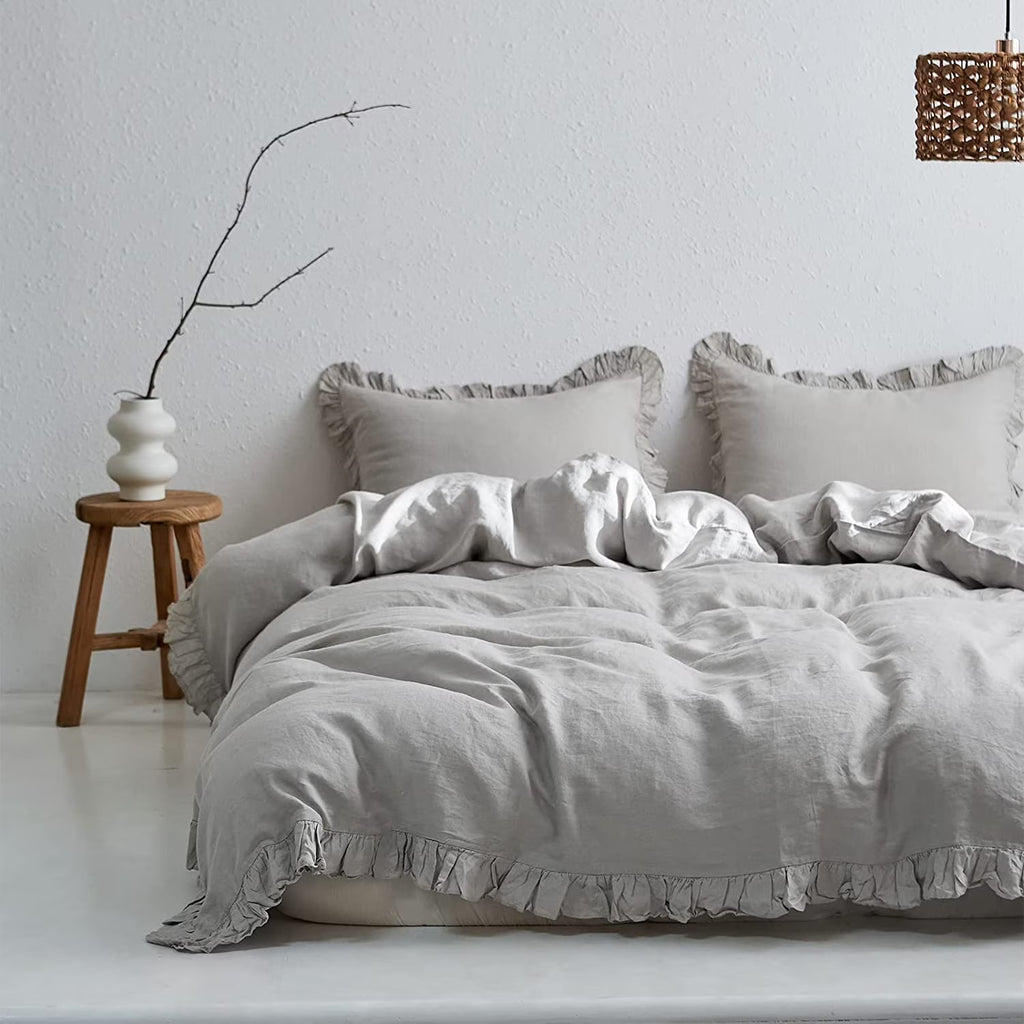 Simple&Opulence 100% Washed Linen Duvet Cover Set-3 Pieces Shabby Chic Premium Ruffled Bedding with 1 Comforter Cover and 2 Pillowshams France Flax High End Frill Sets Vintage Style(King, White)