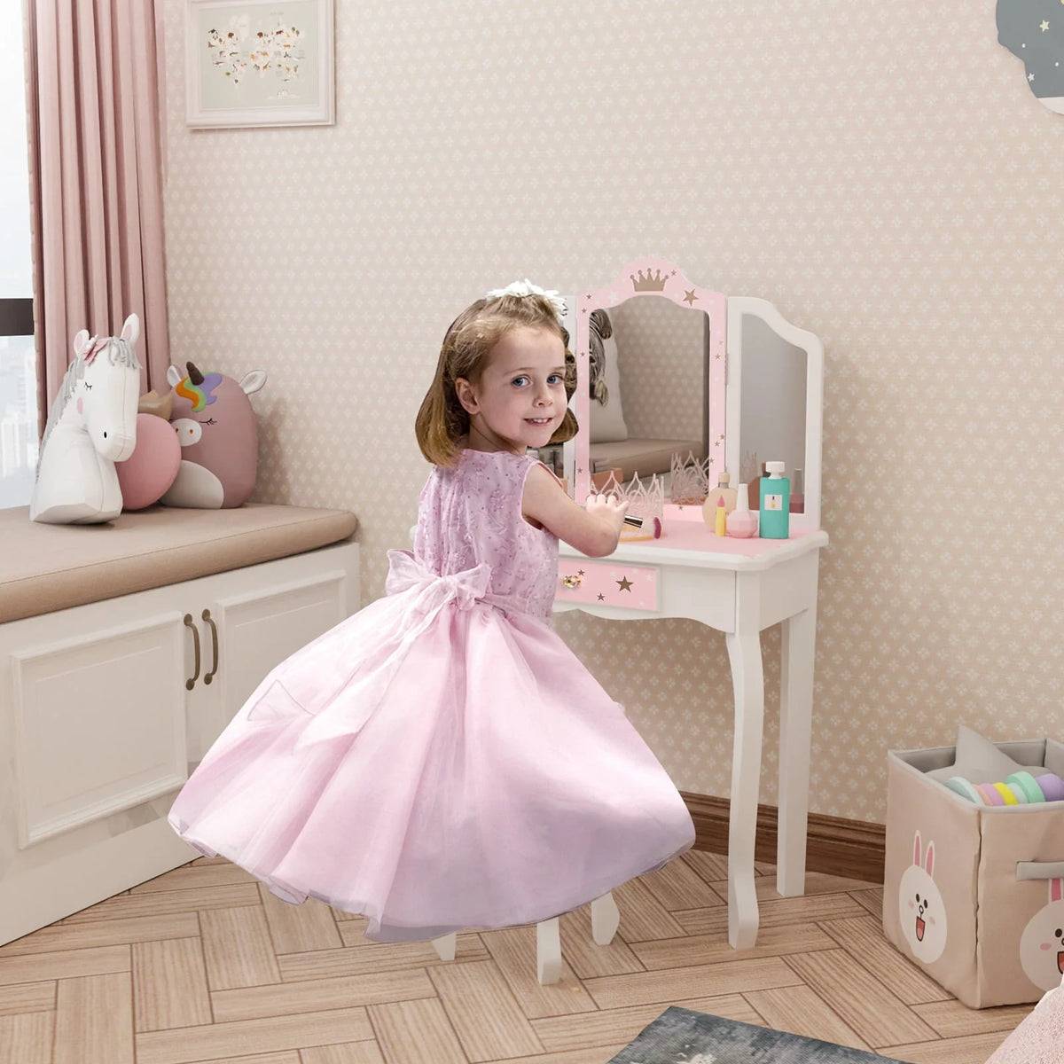 JOYMOR Kids Vanity Table and Stool for Makeup Dressing with Mirrors Drawers, White