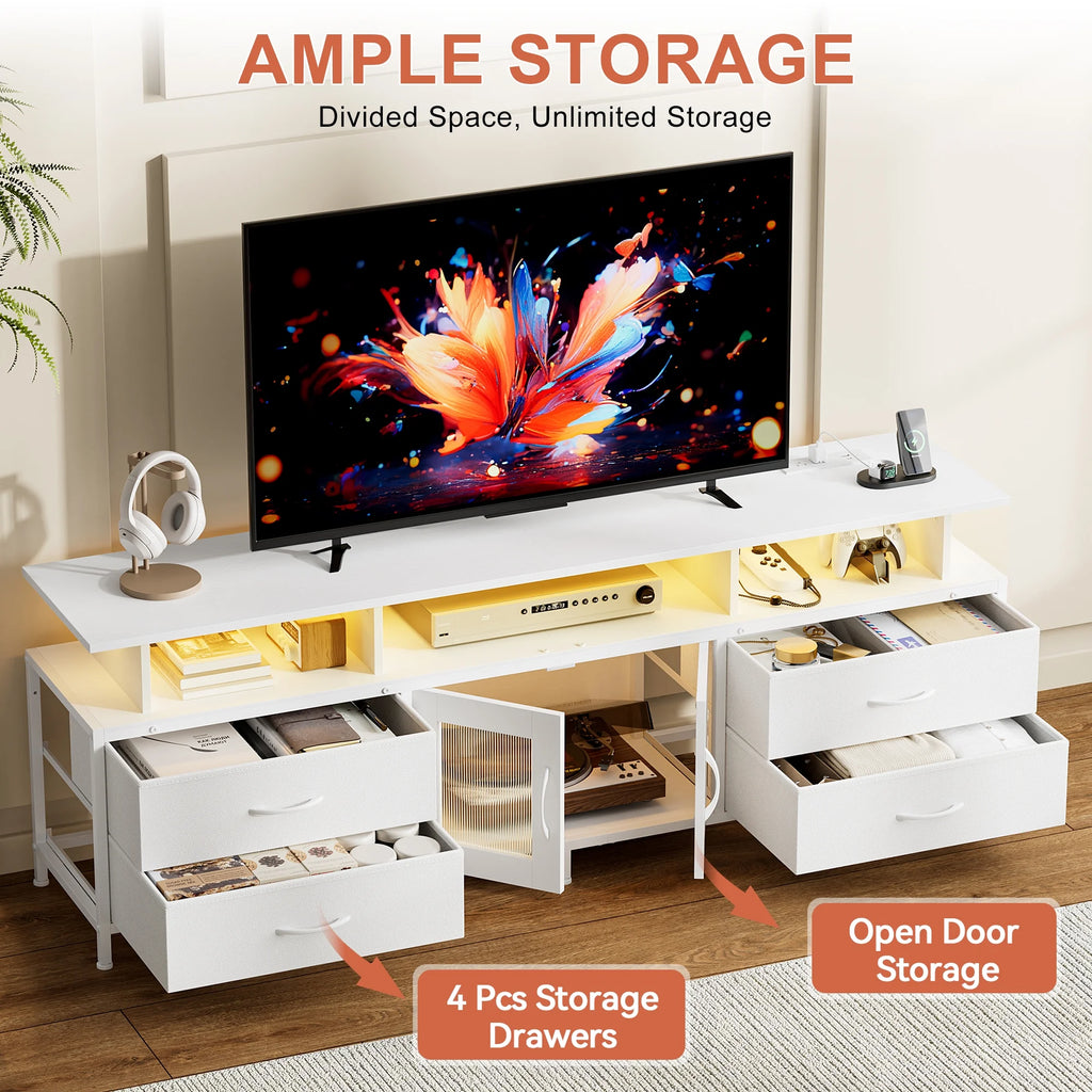 GUNAITO TV Stand for TV up to 70", Big TV Stand for Living Room Entertainment Center with LED Lights and 4 Fabric Drawers , Black