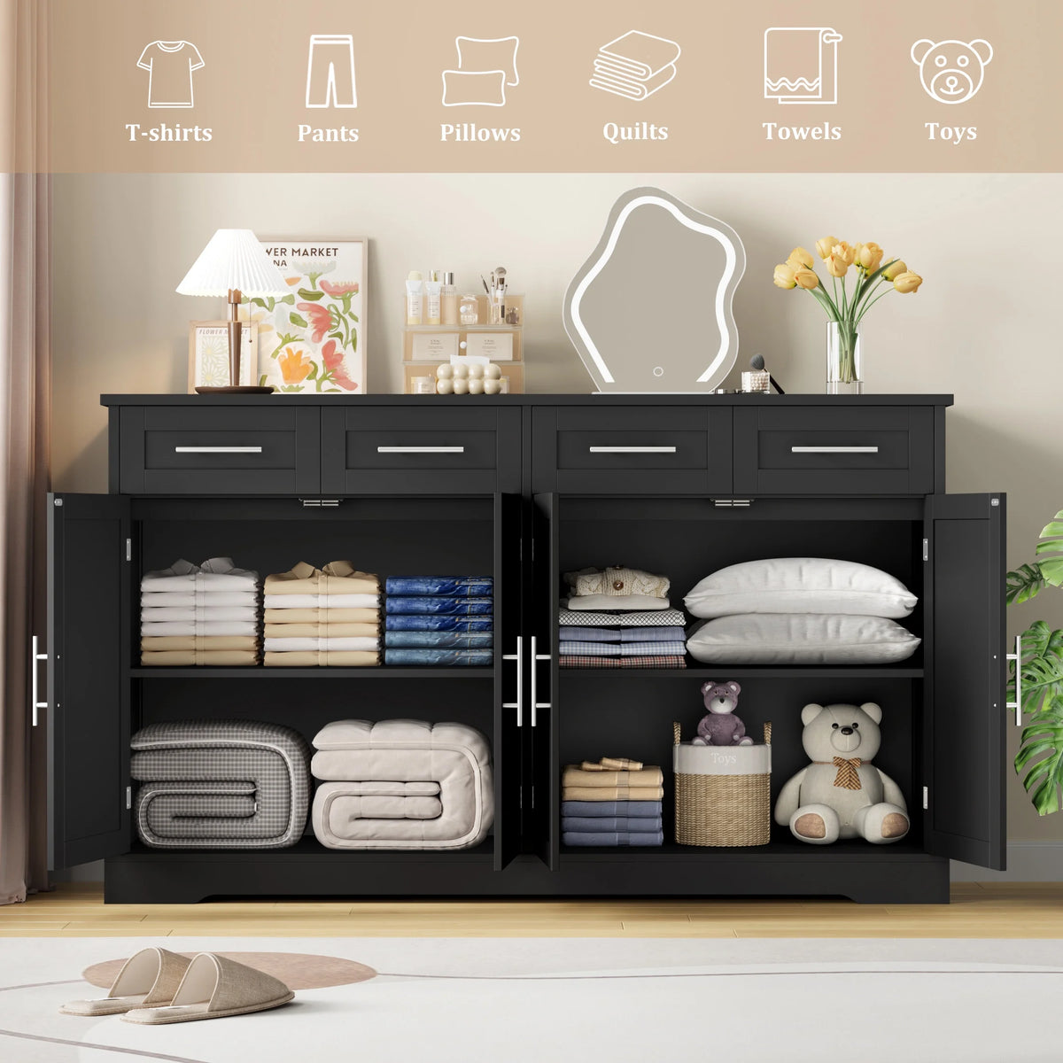 Homfa Farmhouse Buffet Cabinet with 4 Drawers and 4 Doors, 59" W Sideboard Buffet Storage Cabinet with Shelves, for Kitchen Living Room Bedroom, Wash Gray