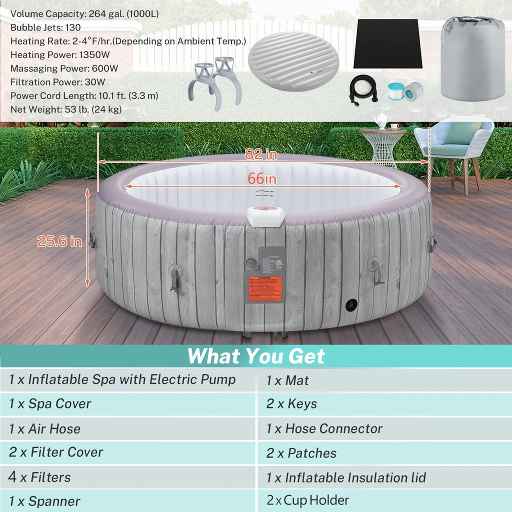 82'' Inflatable Hot Tub, Portable Hot Tub for Home Spa, Outdoor Round Hot Tub W/130pcs Jets, 6 Person Inflatable Pool with Heating, 4 Filters, 2 Cup Holders