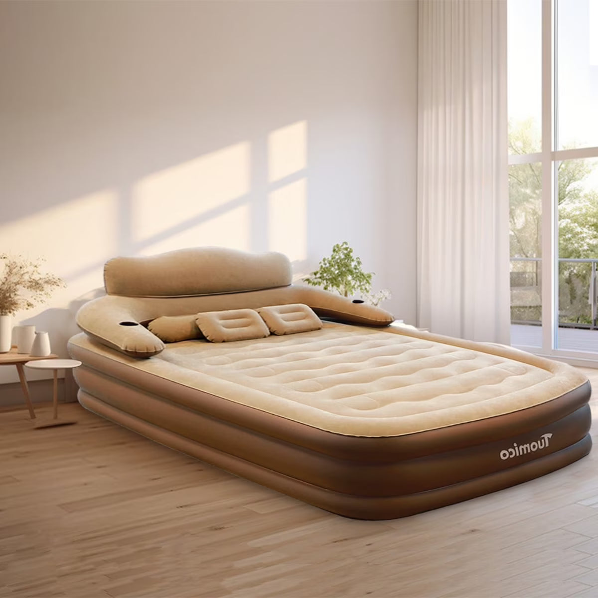 OUYI Inflatable Bed Double Leak-proof mattress with Electric Pump & Pillows Removable Backrest Multifunctional Foldable Air Sofa Guest Bed, 600lb Max(White, Queen Size)