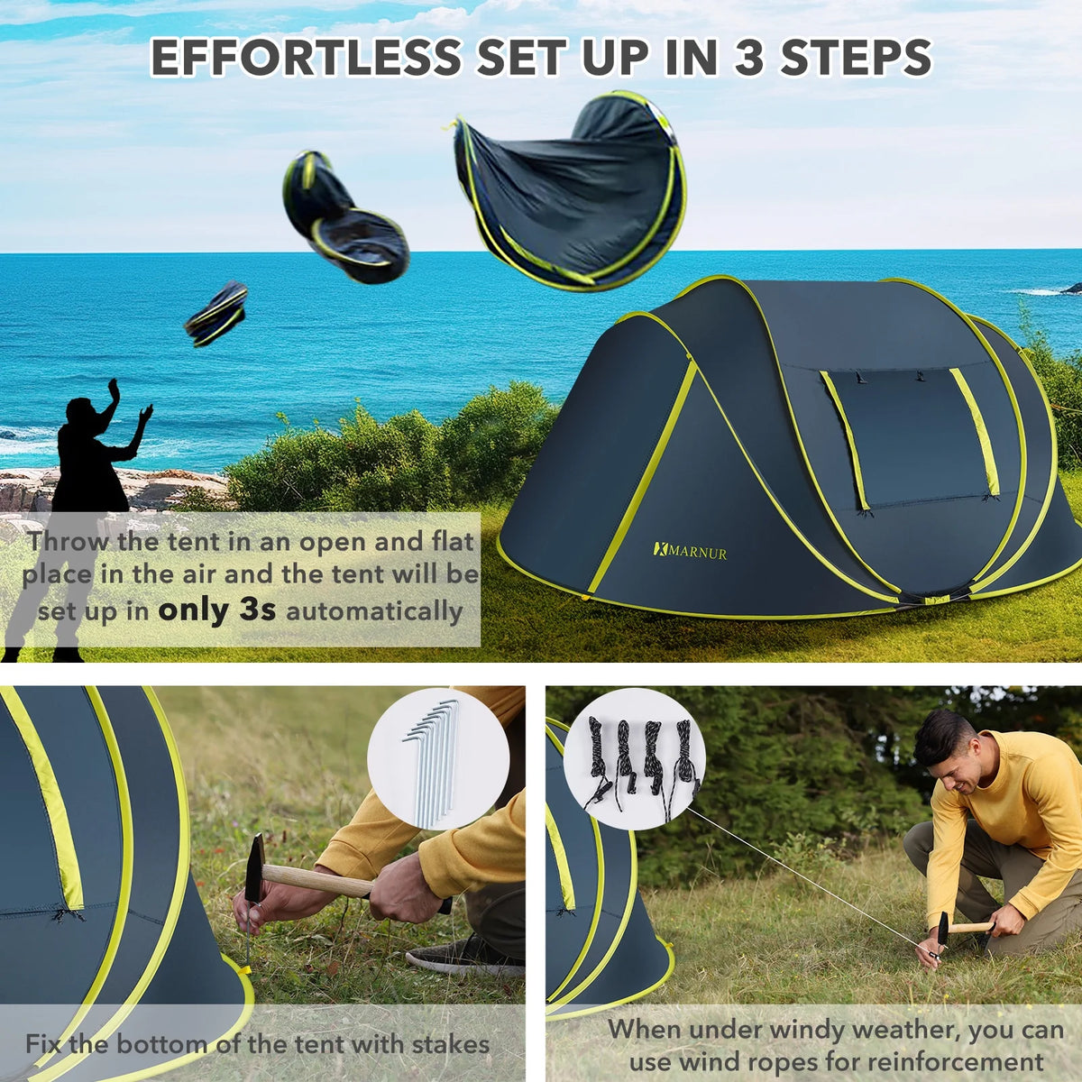 MARNUR Instant Tent 4-Person Camp Tent, Auto Setup Pop Up Tent, Pordable, Huge Door & Windows, Dark Blue