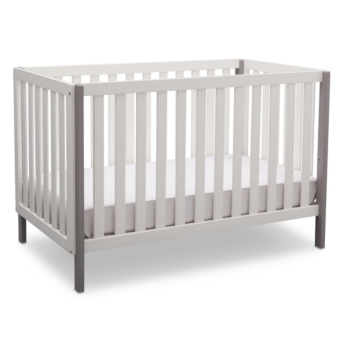 Delta Children Milo 3-in-1 Convertible Crib. Greenguard Gold Certified. Bianca White/Grey