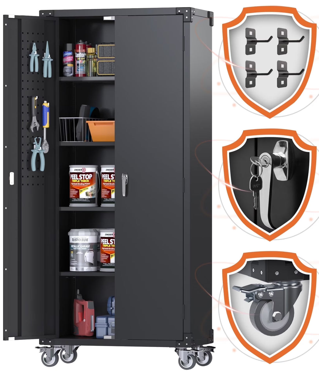 GangMei 71 Inches Tall Metal Garage Storage Cabinets with 5 Adjustable Shelves & Pegboards, Lockable Steel Black Storage Cabinet with Doors for Office, Home, School, Shops, Garage, Assembly required