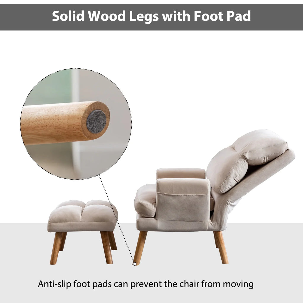 Bestier Adjustable Accent Chairs with Ottoman, Velvet Fabric Armchair for Bedroom Living Room, Comfy Lounge Chair with Padded Backrest and Side Pocket, Soft Reading Chair, Beige
