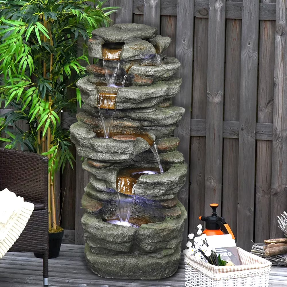32.6-inch Rock Water Fountain with LED Lights Outdoor Waterfall for Garden and Patio Decor