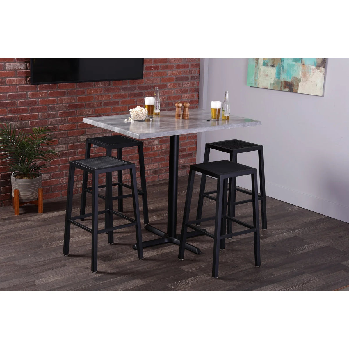 Indoor/Outdoor 36" Tall OD214 Black Table Base with 22" Diameter Foot and 36" Diameter Indoor/Outdoor White Marble Top by the Holland Bar Stool Co.