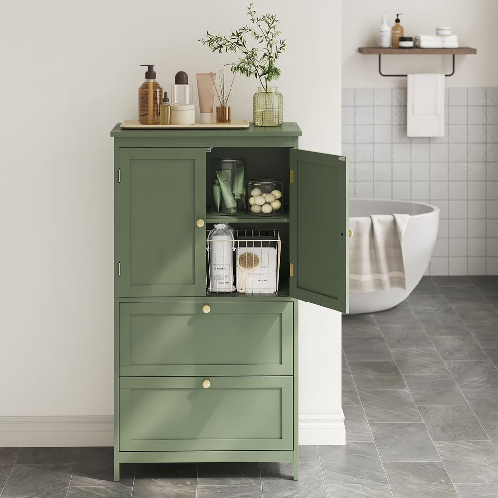 LEDREM Freestanding Storage Cabinet with 2 Doors & 2 Drawers, Adjustable Shelf, Wall-Mounted Anti-Tip Design, 11.8" x 23.6" x 43.3", Forest Green