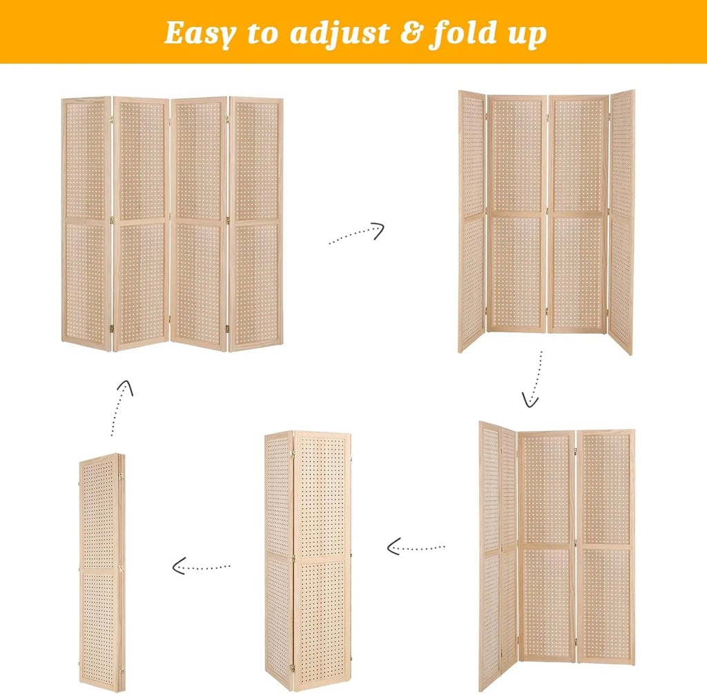 Bonnlo 4 Panel Pegboard Freestanding, 5 FT Portable Display for Craft Show Jewelry, Wooden Folding Room Divider