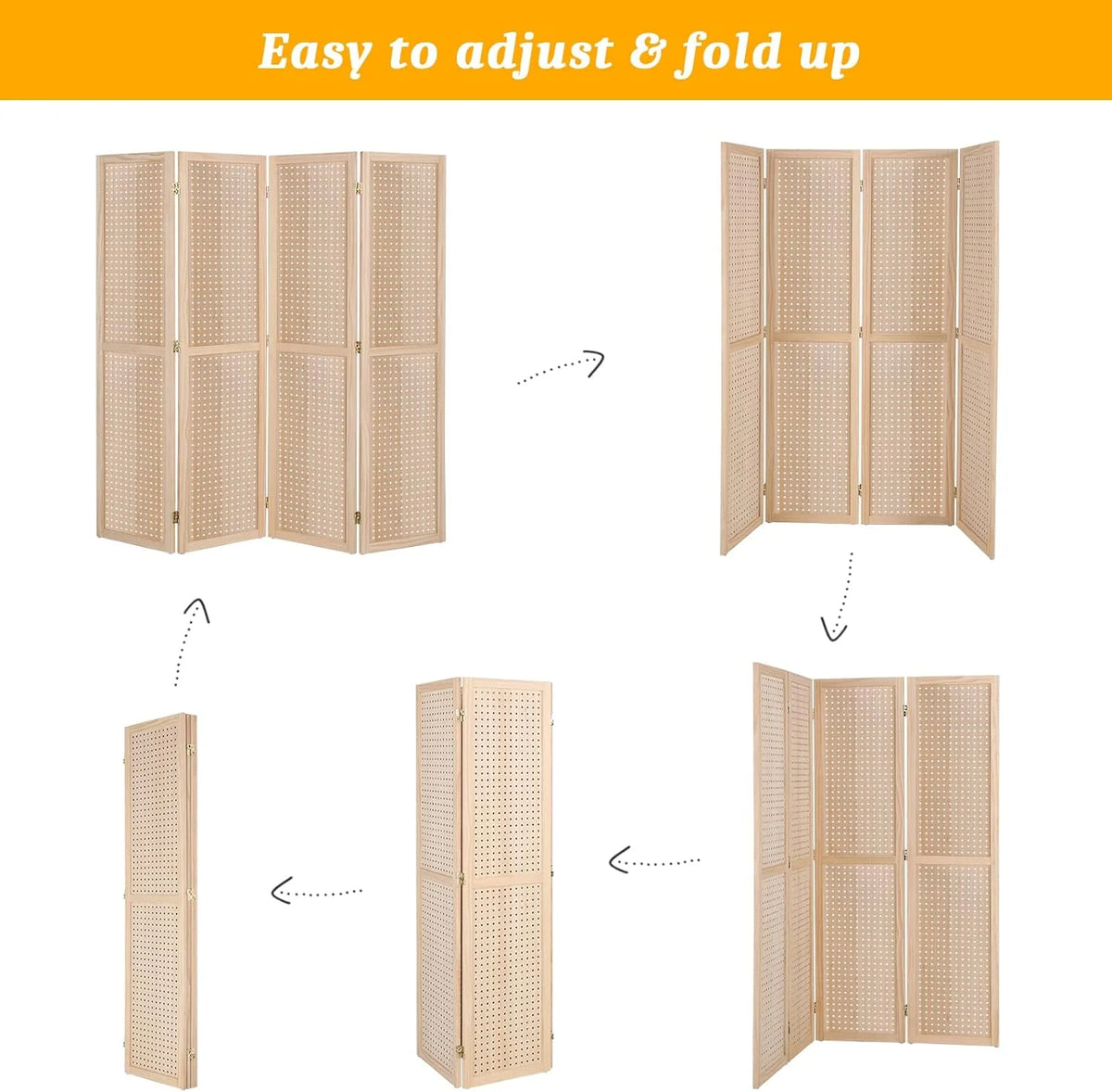 Bonnlo 4 Panel Pegboard Freestanding, 5 FT Portable Display for Craft Show Jewelry, Wooden Folding Room Divider