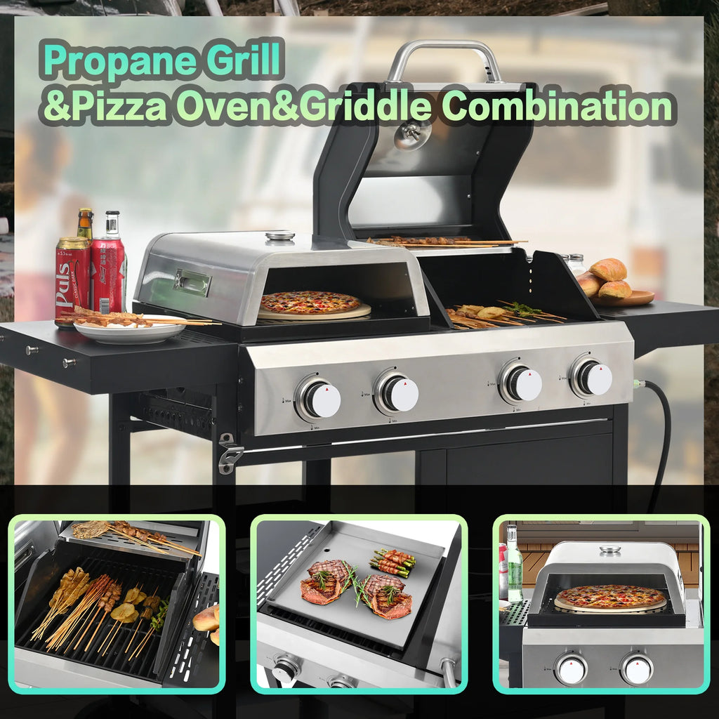 4-Burner BBQ Grill W/Side Burner, 50,000BTU Gas Propane Grill Portable with Storage Cabinet, Heavy-Duty Stainless Steel Outdoor Cooking, with Tank Hook, Towel Rack, Steel Brush