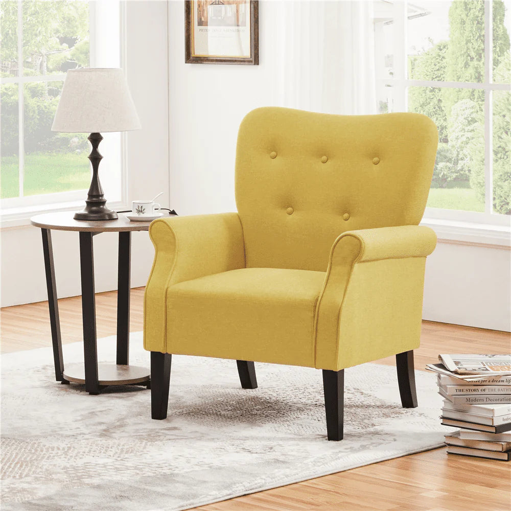 SMILE MART Mid-century Upholstered Fabric Accent Armchair for Living Room with Wooden Leg, Yellow