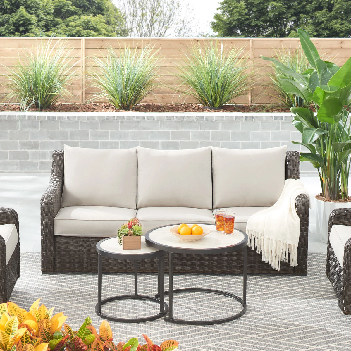 Better Homes & Gardens River Oaks Outdoor 5-Piece Wicker Conversation Set with Patio Cover, Dark Brown