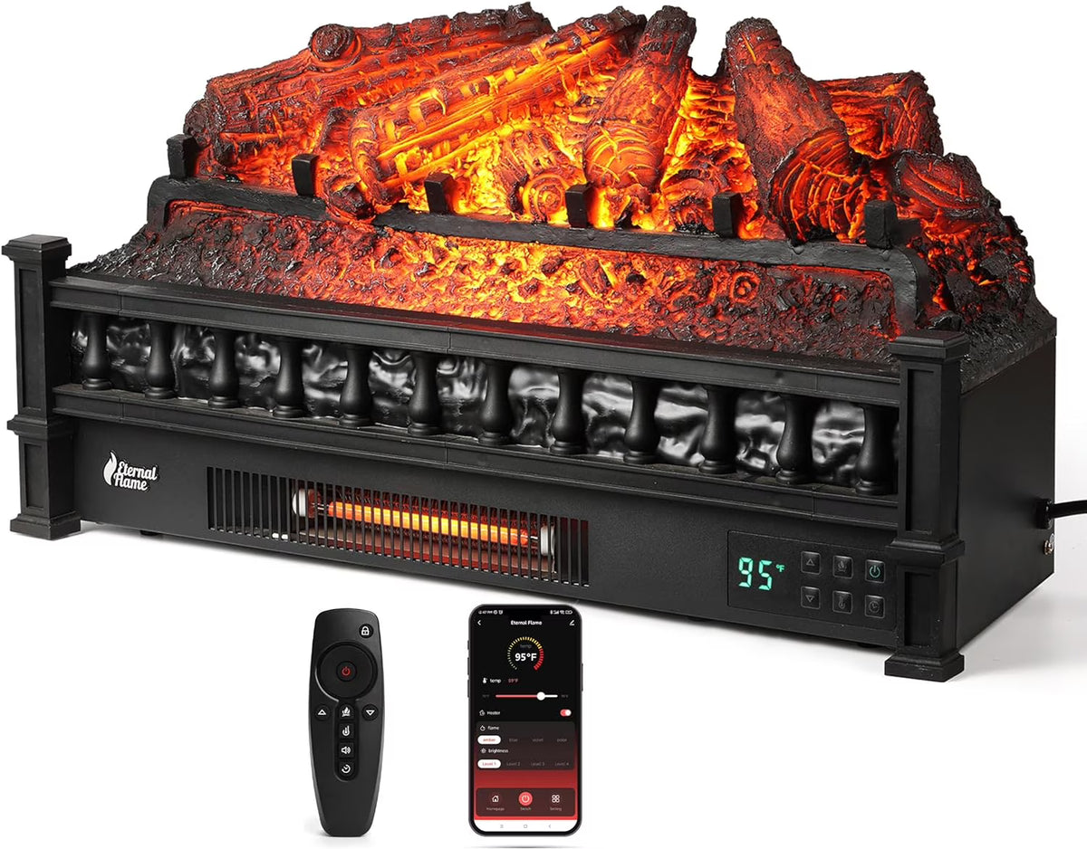 TURBRO Eternal Flame 26 in. WiFi Infrared Quartz Electric Fireplace Log Heater with Sound Crackling, Realistic Pinewood Logs, Adjustable Flame Colors, Remote Control, Thermostat, Timer, 1500W Bronze