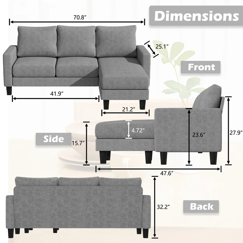 Homall Convertible Sectional Sofa Couch, Modern Linen Fabric L-Shaped Couch 3-Seat Sofa Sectional with Reversible Chaise for Small Living Room, Apartment and Small Space, Dark Gray