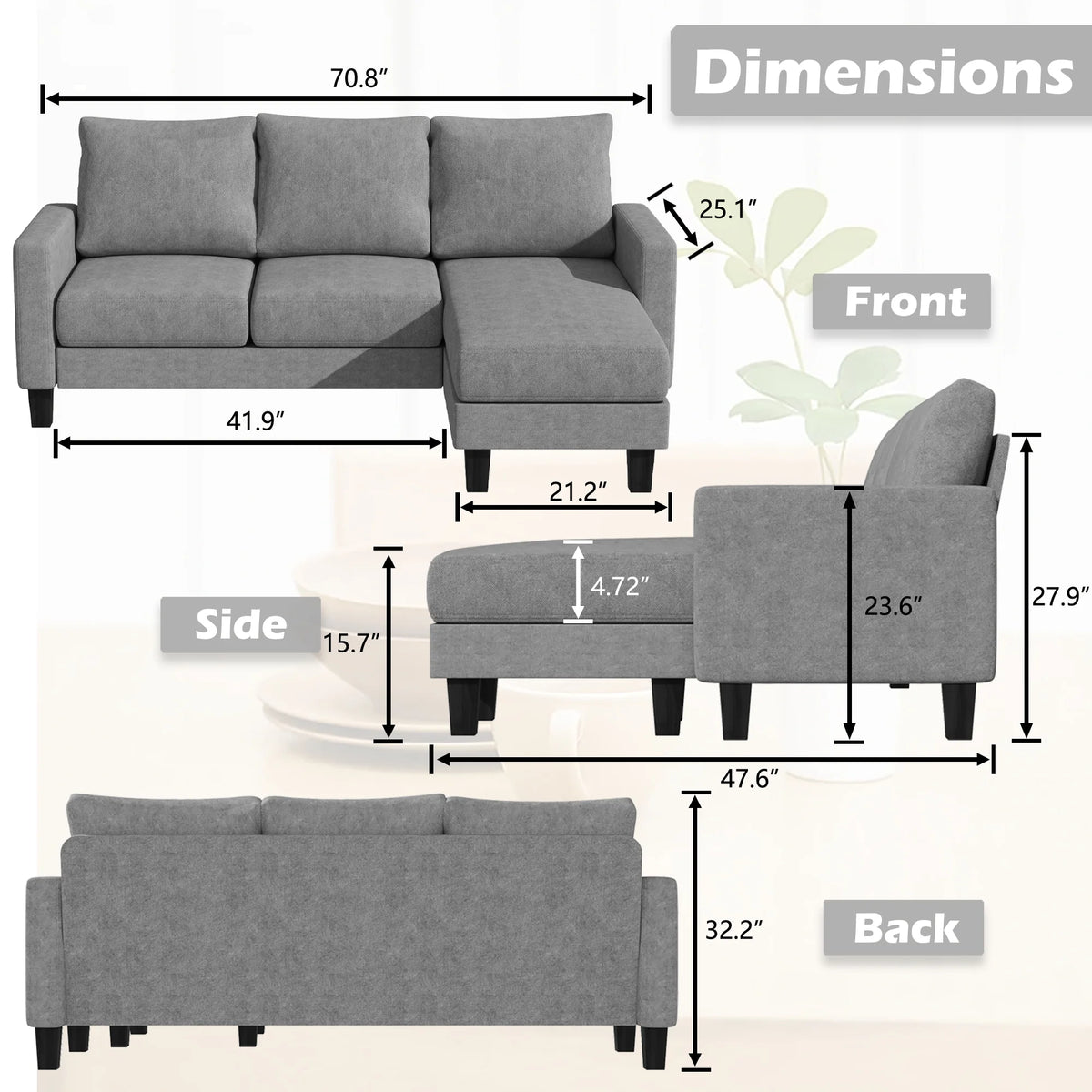 Homall Convertible Sectional Sofa Couch, Modern Linen Fabric L-Shaped Couch 3-Seat Sofa Sectional with Reversible Chaise for Small Living Room, Apartment and Small Space, Dark Gray