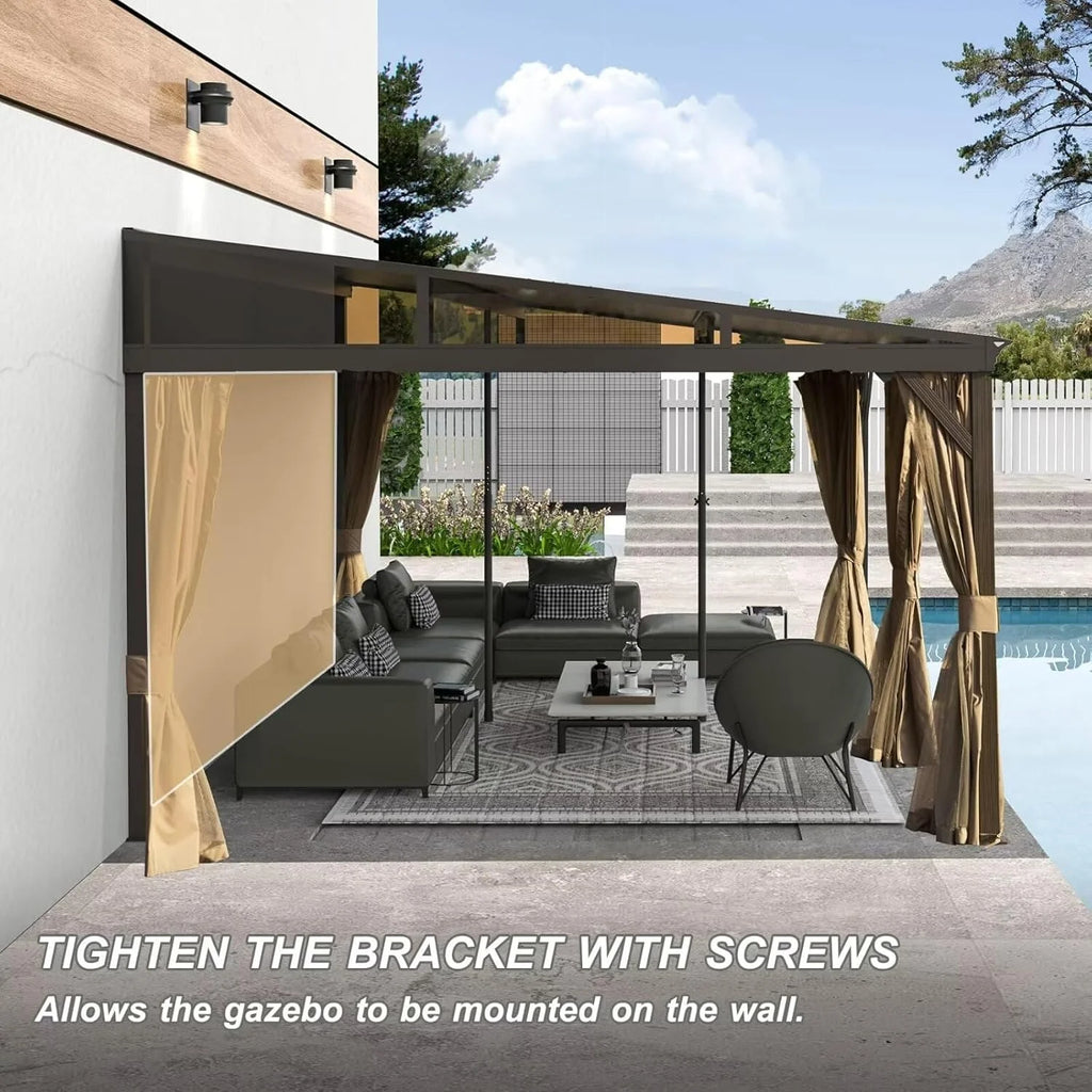TOTAL Outdoor 10'x12' All-Season Sunroom Gazebo with Steel Roof, PVC Screen, Front & Side Door, Brown