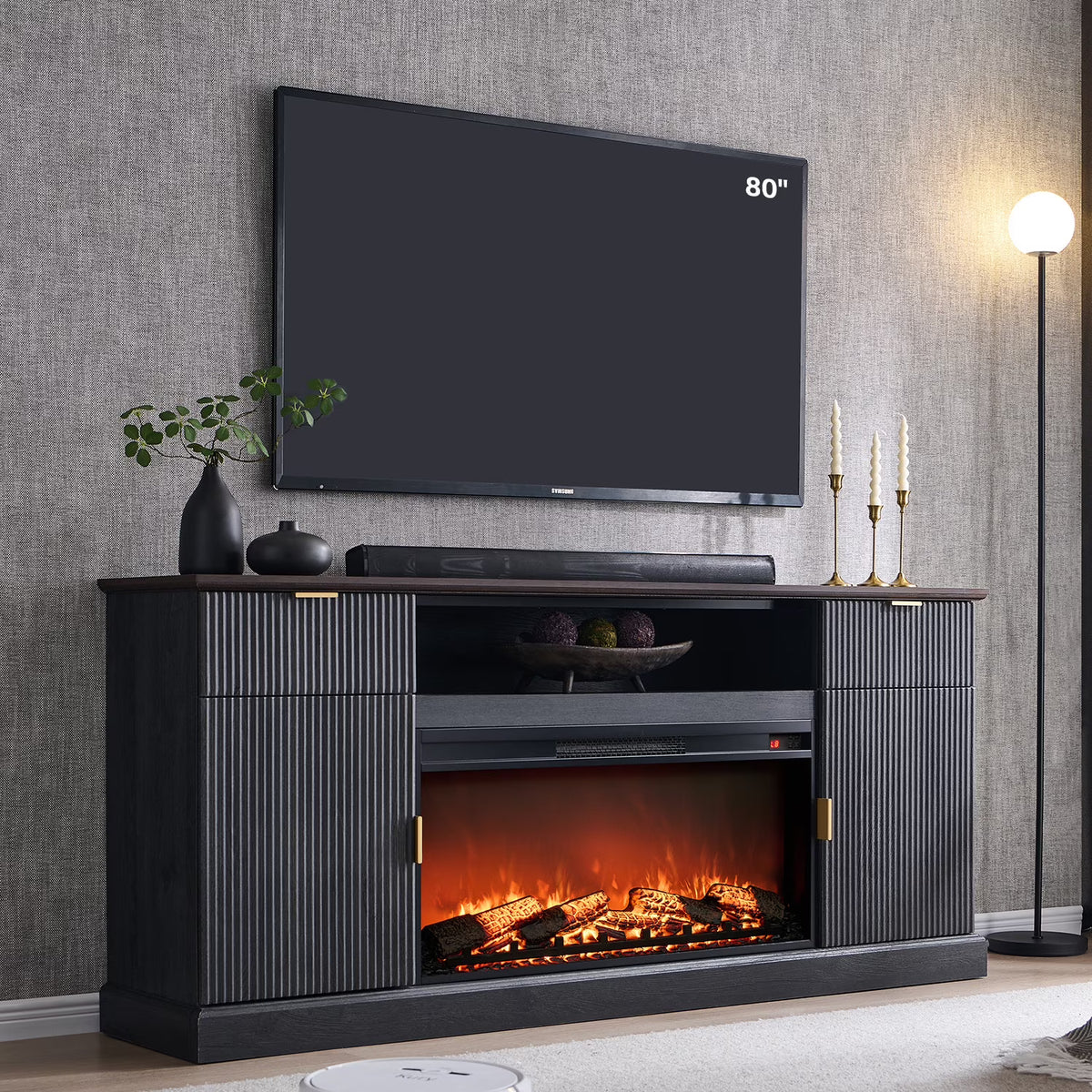 SinCiDo Fluted Fireplace TV Stand for 80 inch, Entertainment Center with 36" Electric Fireplace, 2 Drawers and Adjustable Shelves, Wood TV Stand for Living Room