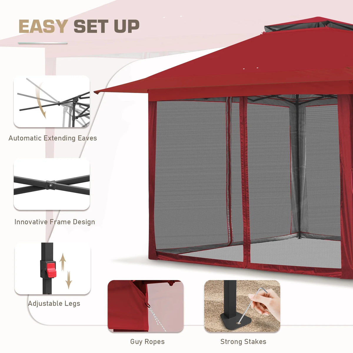 EAGLE PEAK 13' x 13' Pop-Up Gazebo Tent Instant w/Mosquito Netting，Outdoor Gazebo Canopy Easy Set-up Folding Shelter (Beige/Brown)