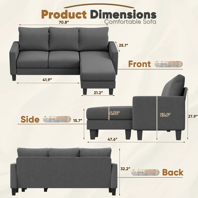 Homall Convertible Sectional Sofa Couch, Modern Linen Fabric L-Shaped Couch 3-Seat Sofa Sectional with Reversible Chaise for Small Living Room, Apartment and Small Space, Dark Gray