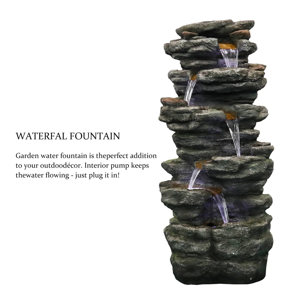 Willwolf Outdoor Water Fountain with LED Lights, 6-Tiered Electric Resin Waterfall for Garden Patio Lawn Yard and Porch