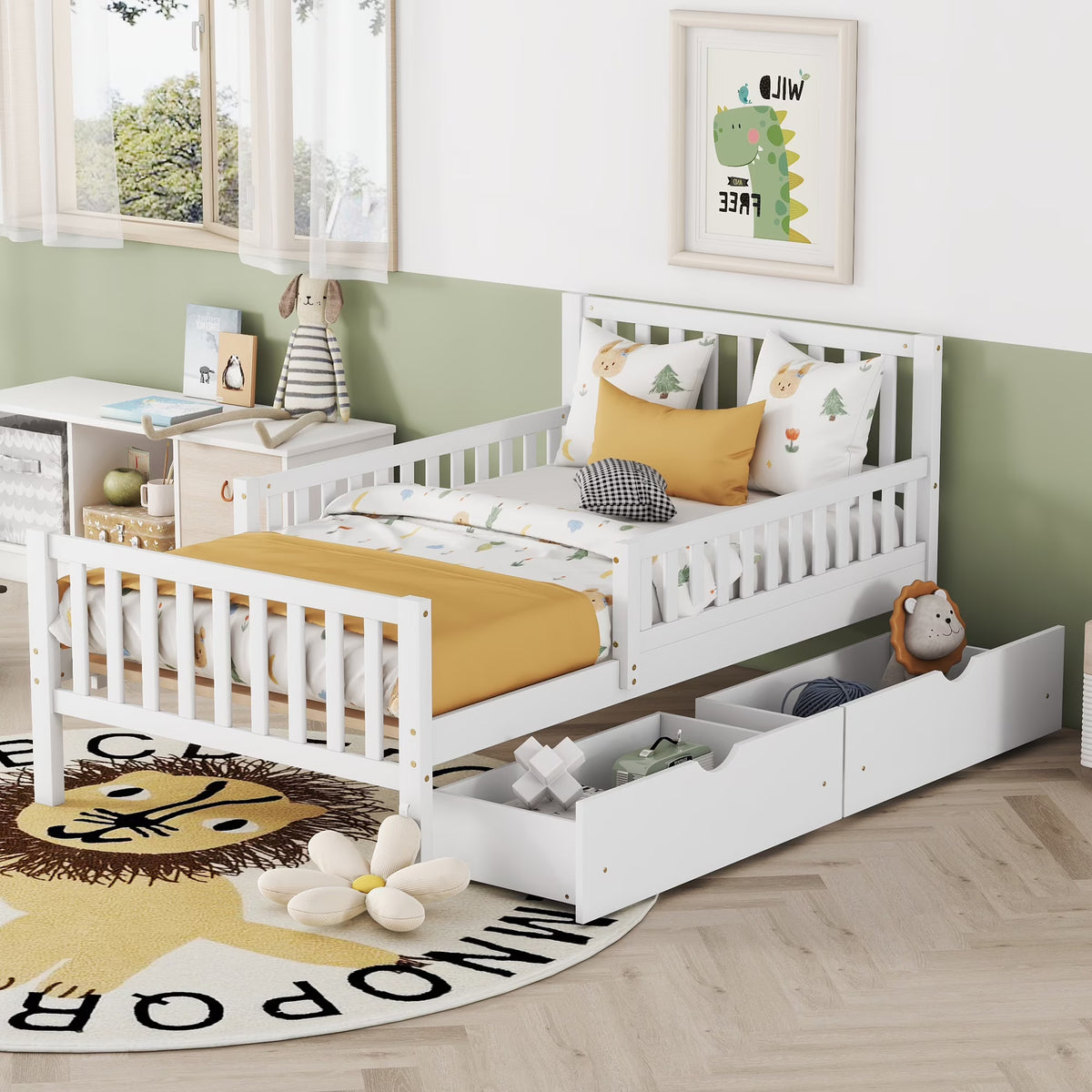Bellemave Twin Bed with Storage Drawers and Fence Rails, Wood Platform Beds Frame with Headboard, Twin Size Storage Bed for Kids Boys Girls Teens White)