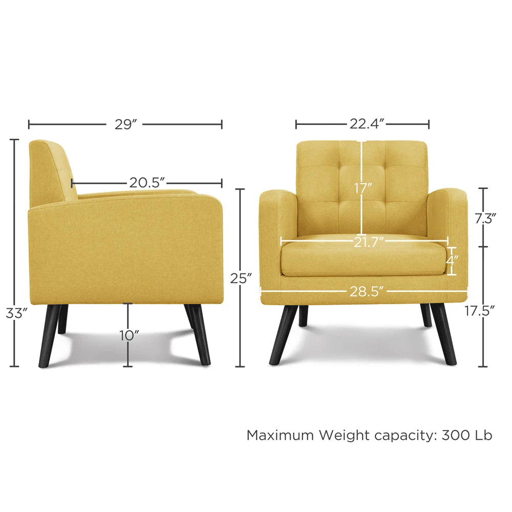 Smile Mart Modern Tufted Accent Arm Chair with Rubber Wood Leg for Living room, Yellow