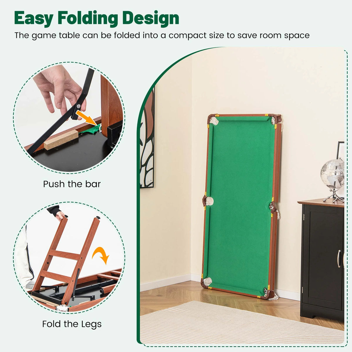 Costway Folding Pool Table Set with Foldable Legs Adjustable Foot Levelers 2 Cues 2 Chalks