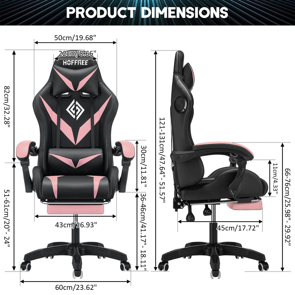 Hoffree Gaming Chair with Speakers PU Leather Office Chair with Footrest and LED Lights Ergonomic Gamer Chair with Massage Lumbar Support and Headrest Adjustable Swivel for Home Office 300lb
