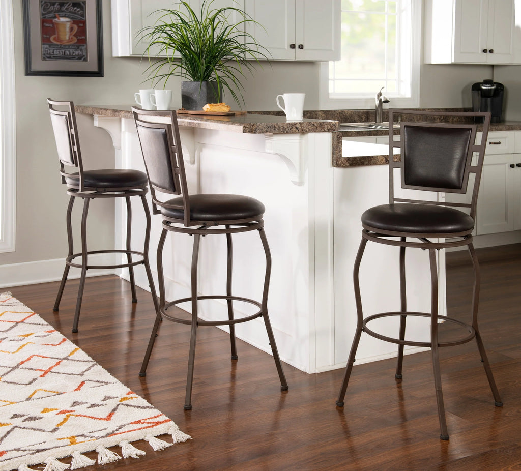 Linon Nora 3-Piece Swivel Bar Stool Set, 24"-30" Adjustable Seat Height, Dark Brown Finish with Dark Brown Vinyl Fabric