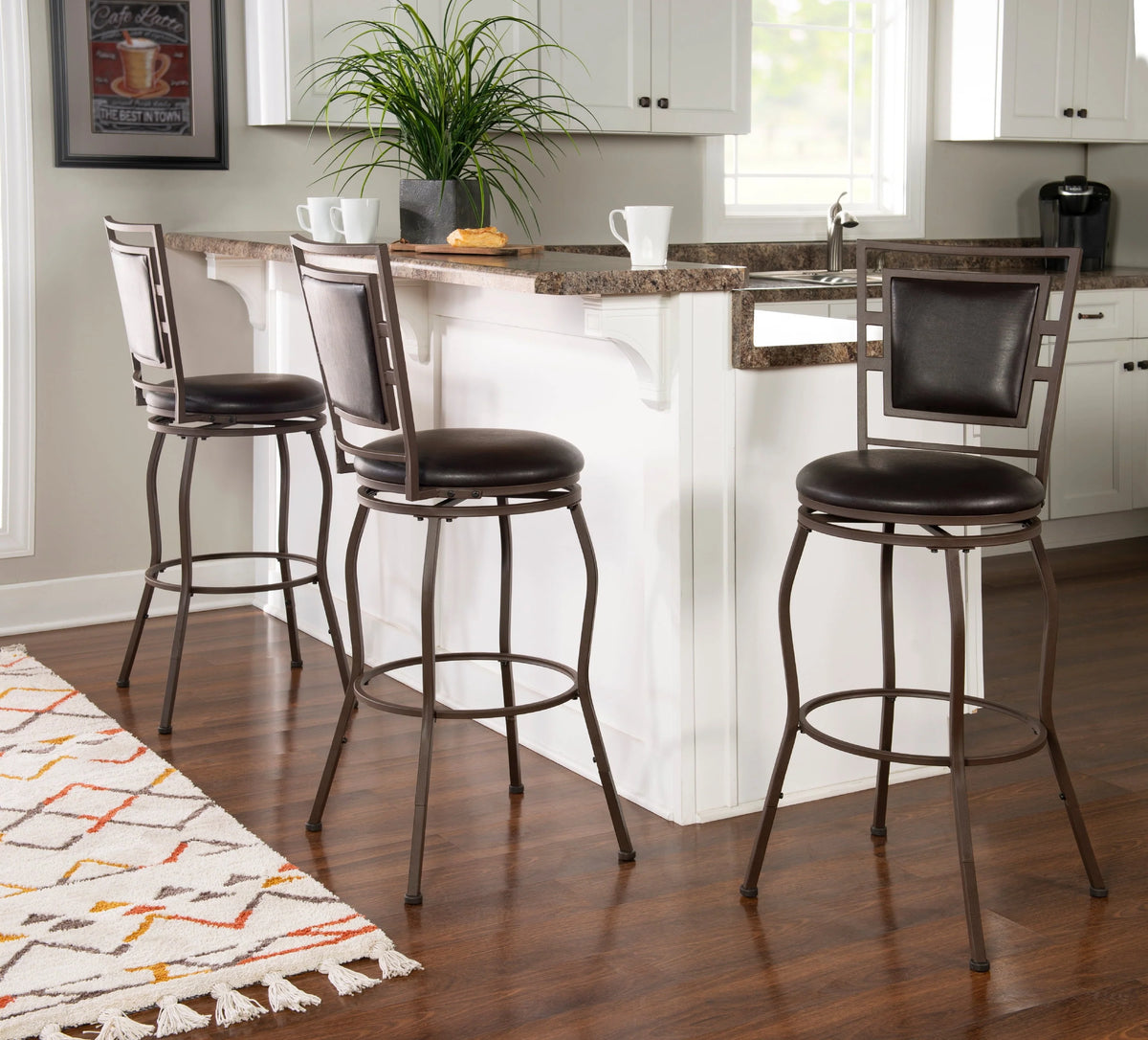 Linon Nora 3-Piece Swivel Bar Stool Set, 24"-30" Adjustable Seat Height, Dark Brown Finish with Dark Brown Vinyl Fabric