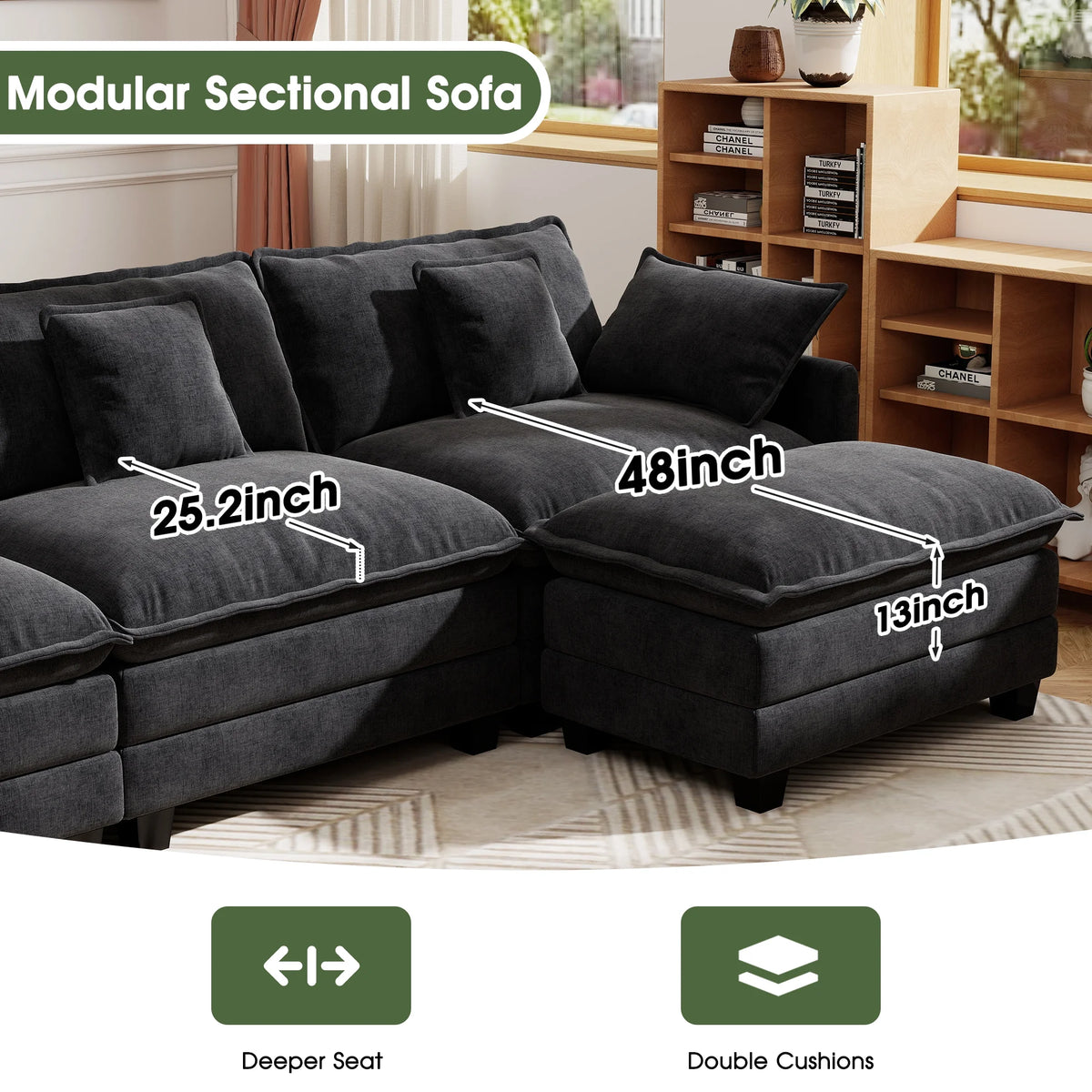 BedLuxury 111.5'' Modular Sectional Sofa with Movable Ottomans, U Shaped Cloud Couch for Living Room, 3-Seat, Beige