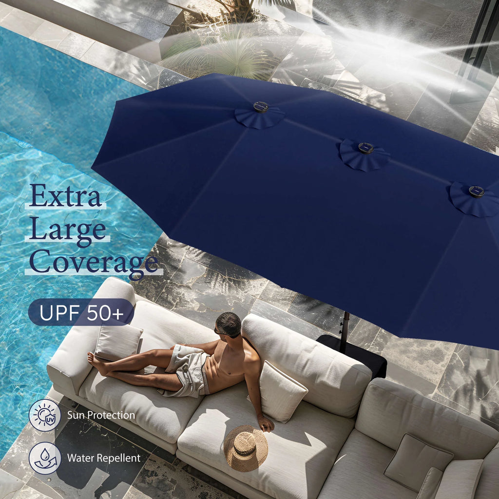 Summit Living 15 FT Double-Sided Solar Patio Umbrella with Base Large Outdoor Umbrella with LED Solar Lights - Haze Blue