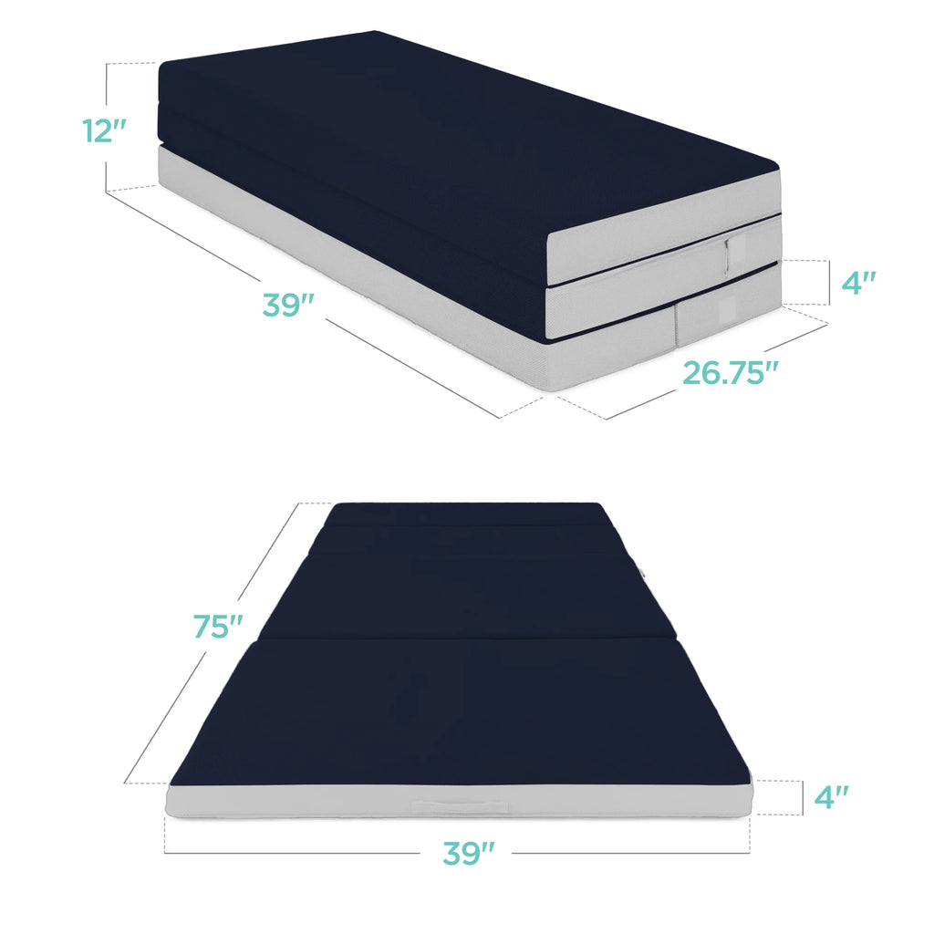 Best Choice Products 4in Thick Folding Portable Twin Tri-Fold Mattress w/ Carry Case, Washable Cover - Midnight Blue
