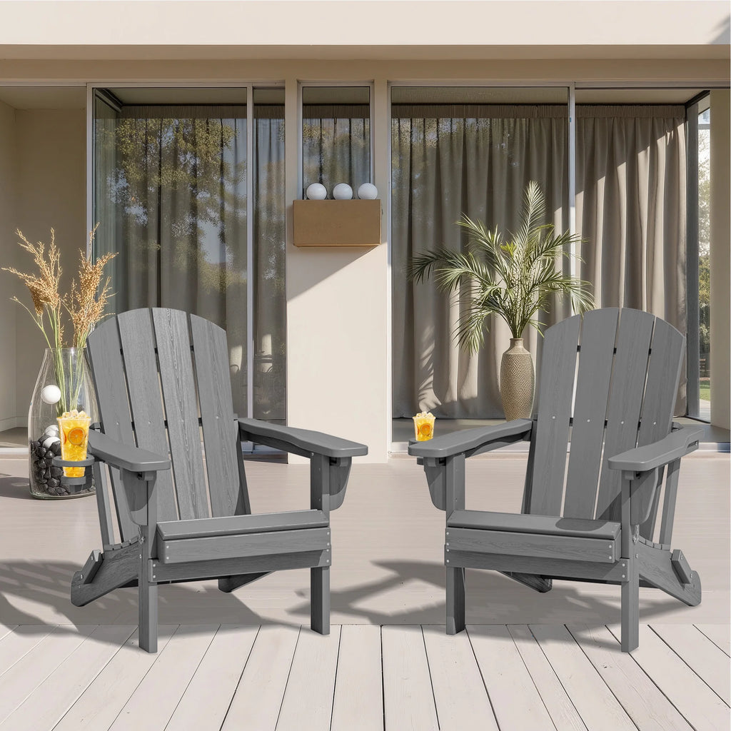 SERWALL Outdoor Adjustable Folding HDPE Adirondack Chairs Set of 2 with Cup Holder, Gray