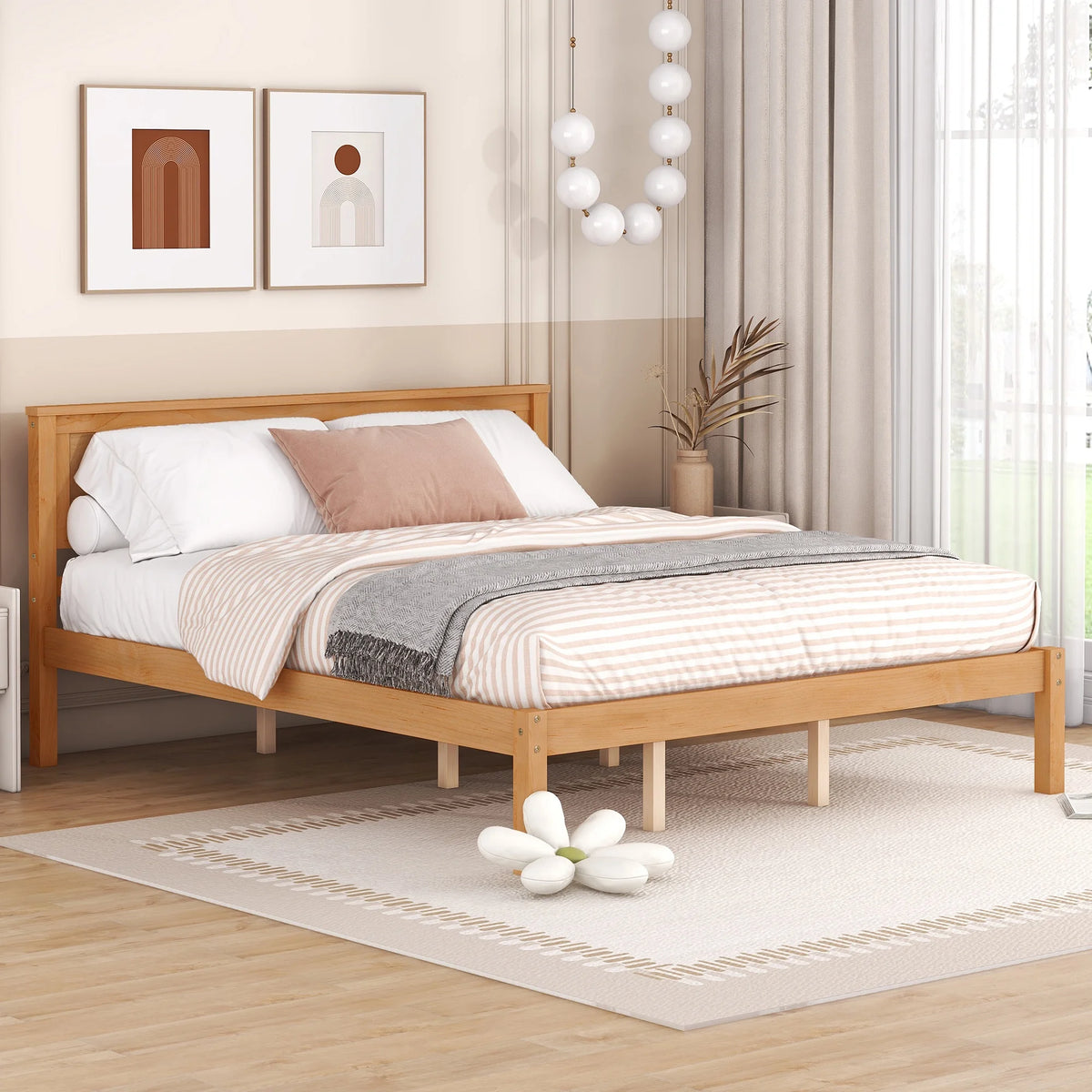Euroco Twin Platform Bed, Modern Wood Frame Bed with Headboard and Slats for Kids Room, Oak