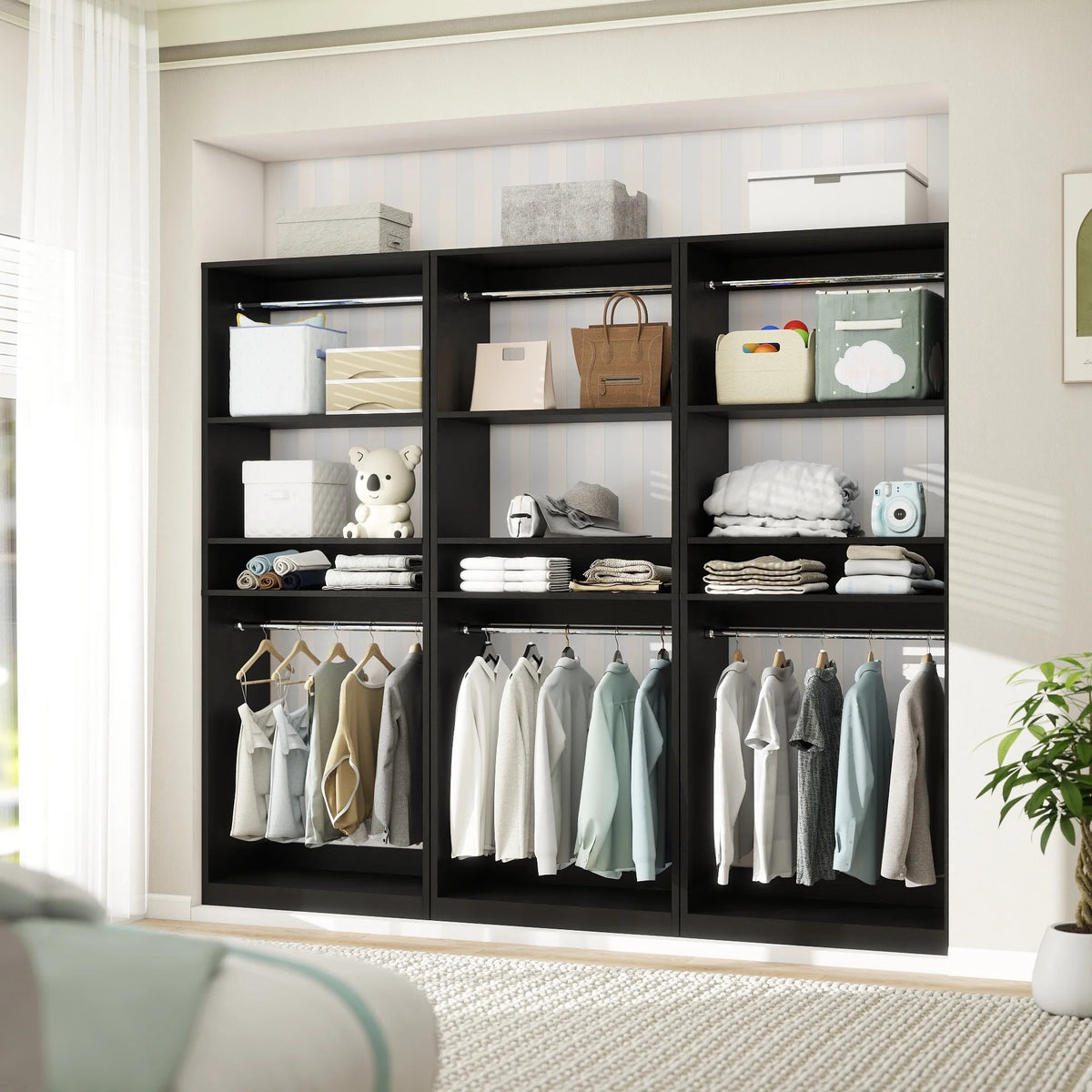 Homieasy 25 Closet System, Freestanding Closet Organizer Wardrobe with Hanging Rods and Shelves, Adjustable Clothes Garment Rack, Sturdy Walk in Closet Tower, White