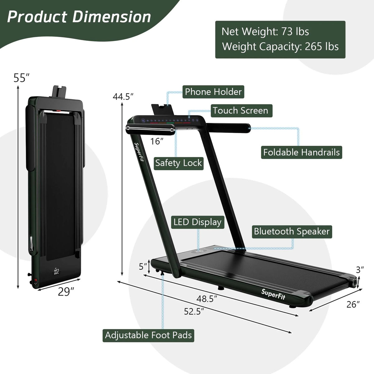 SuperFit Up To 7.5MPH 2.25HP 2 in 1 Dual Display Screen Treadmill Jogging Machine W/APP Control Silver