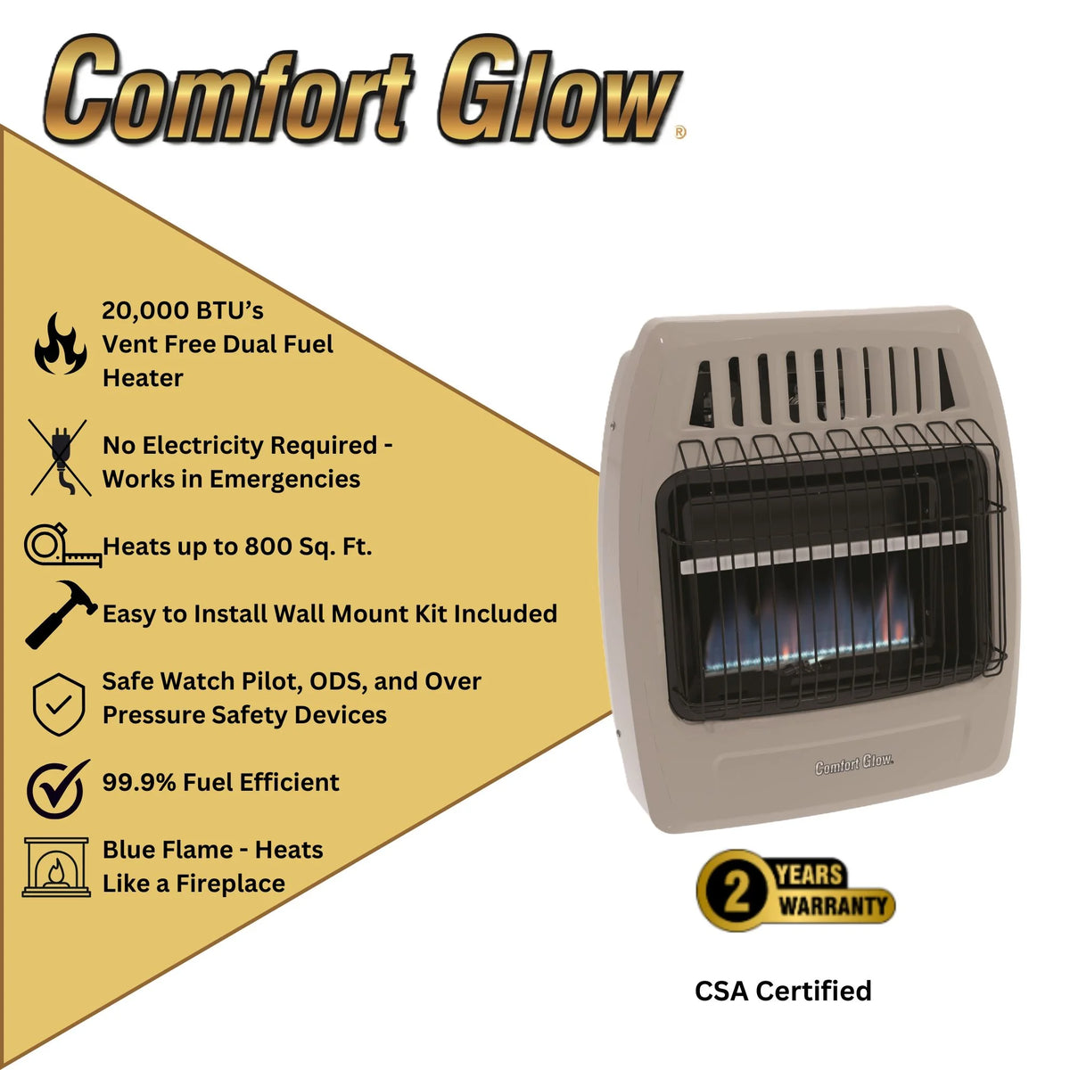Comfort Glow Blue Flame Vent-Free 30,000 BTU Gas Wall Heater, Natural Gas/LP - CGS379