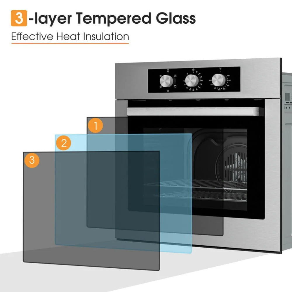Canddidliike 24 Inch Single Wall Oven 2.47Cu.ft with 5 Cooking Modes and 360 Hot Air Circulation, Single Wall Oven, Well-made Built-in Oven with 3-layer Tempered Glass for Indoor, Silver