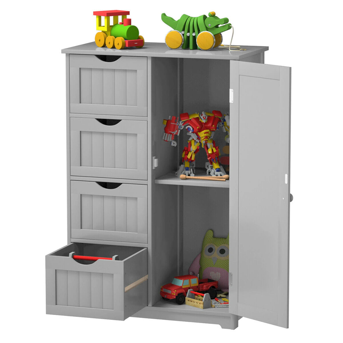 Gymax Bathroom Floor Cabinet Storage Organizer Cupboard w/ 4 Drawers Adjustable Shelf Grey