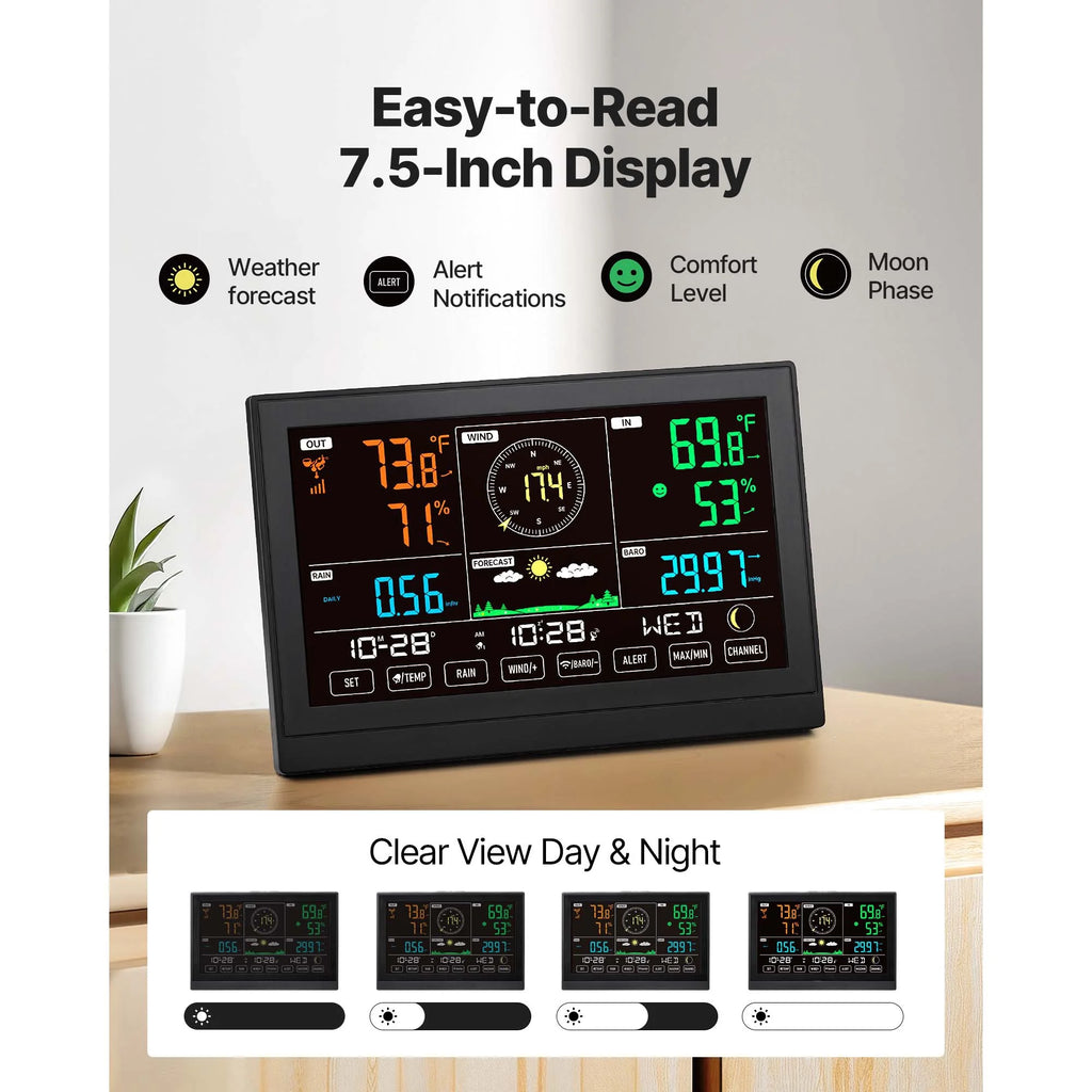 KFFKFF 5-in-1 Wireless Weather Station with 7.5-Inch VA Display, Solar-Powered Outdoor Sensor, Rain Gauge, and Indoor/Outdoor Monitoring for Weather Forecast, Temperature,Humidity,Wind Speed(No WiFi)