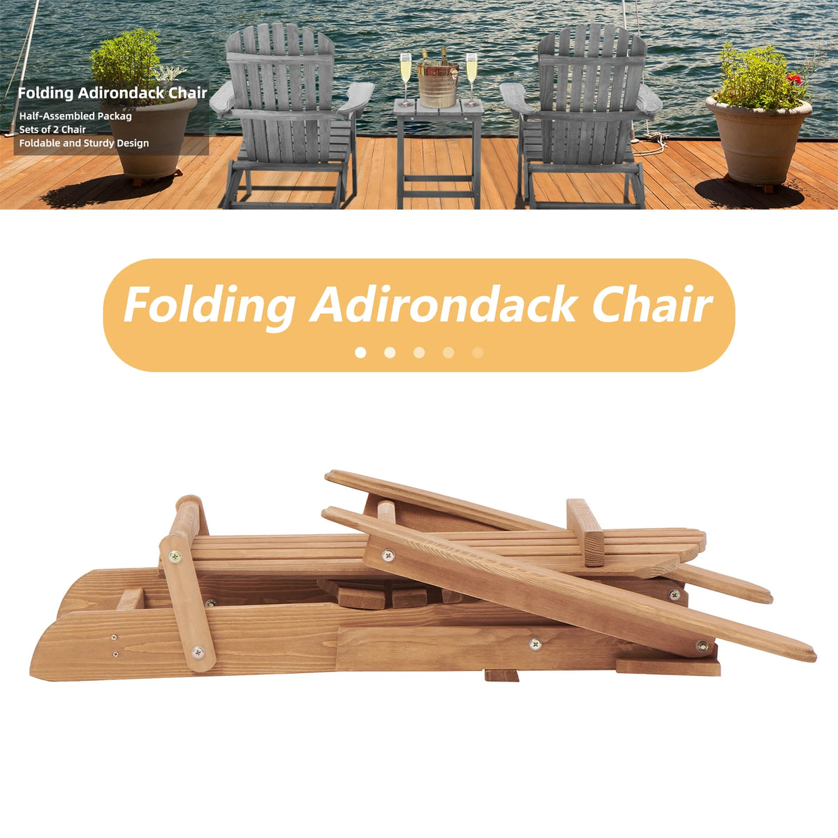 uhomepro Outdoor Adirondack Chairs Set of 2, Folding Fire Pit Chair, Weather Resistant Patio Lawn Chair for Outside Deck Garden Backyard Balcony, Gray