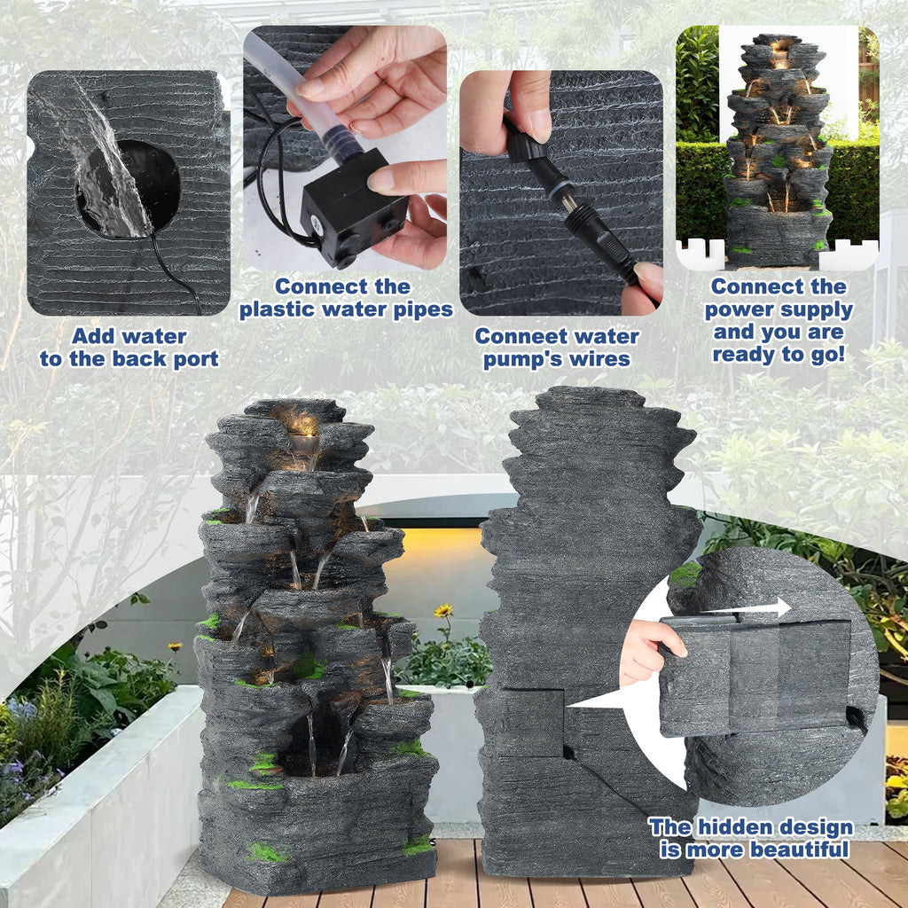 Haverchair 7 Tier Cascading Rock Outdoor Water Fountain, Garden Freestanding Rockery Natural Waterfall Fountains Outdoor with LED Light, Soothing Tranquility Fountains for Home Garden Yard, 24"H