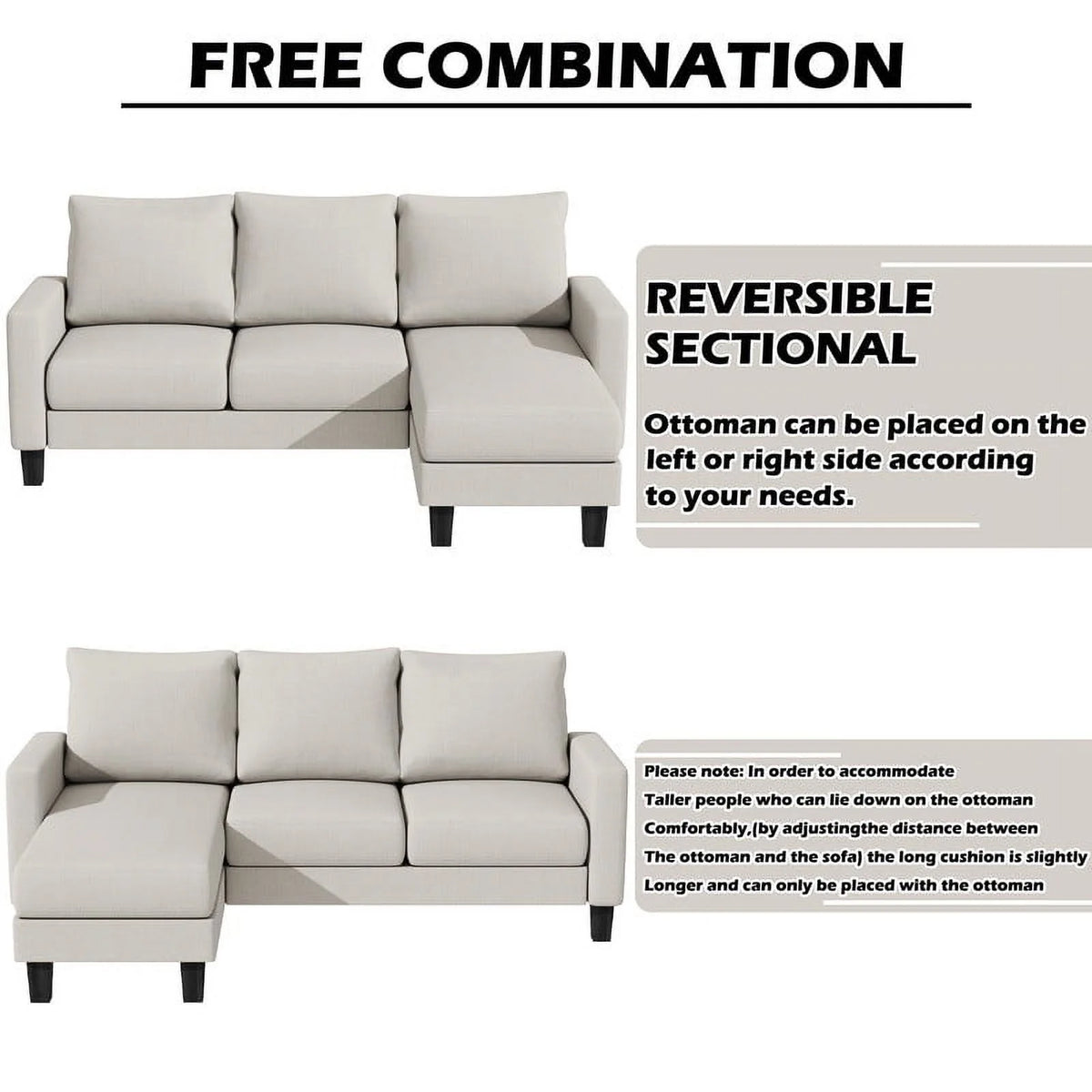 Homall Convertible Sectional Sofa Couch, Modern Linen Fabric L-Shaped Couch 3-Seat Sofa Sectional with Reversible Chaise for Small Living Room, Apartment and Small Space, Dark Gray