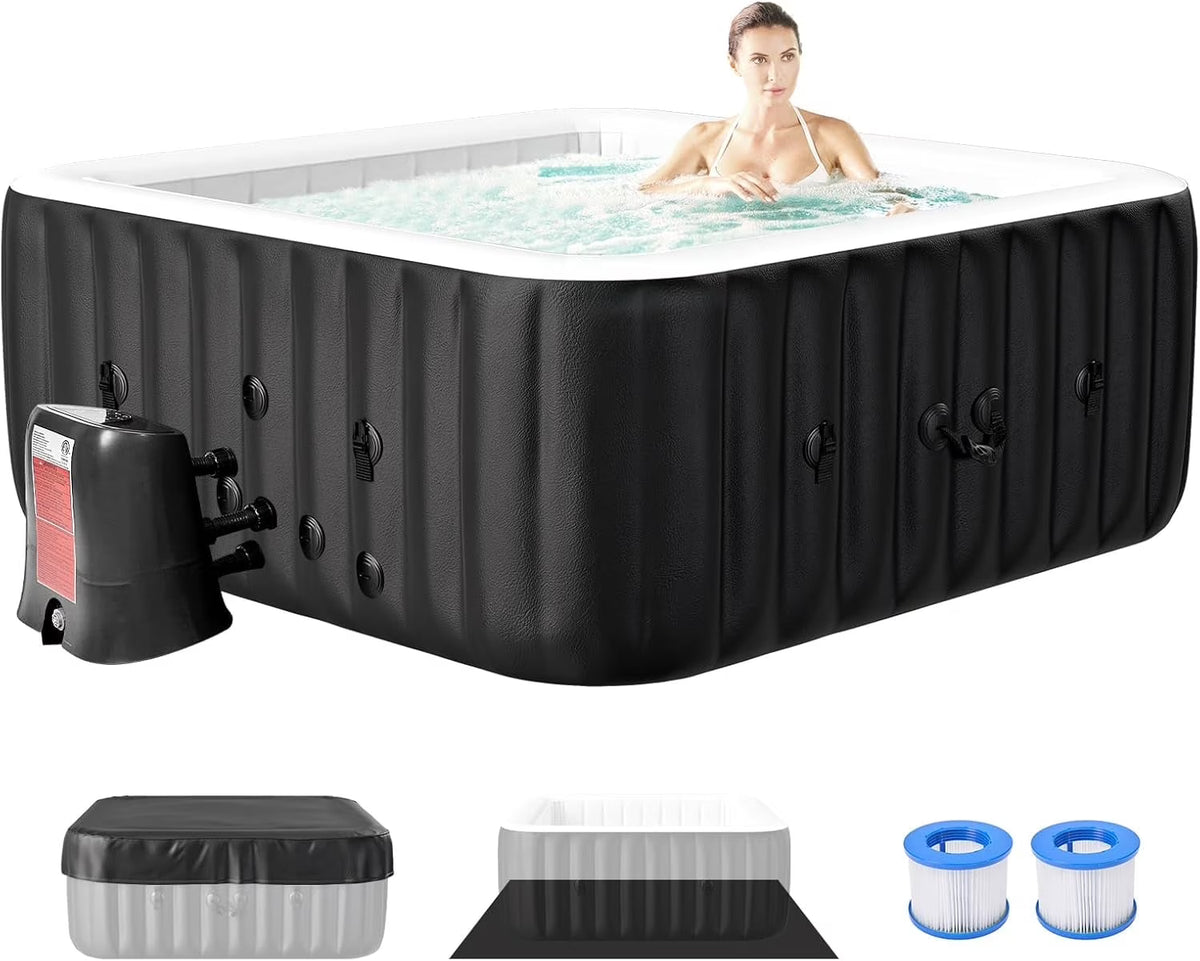 4-6 Person Inflatable Hot Tub, Large Polygon Portable Blow up Hot Tub, Leak-Proof PVC Outdoor Spa with 130 Air Jets, Insulated Cover and Heater Pump, 77 X 77 X 25