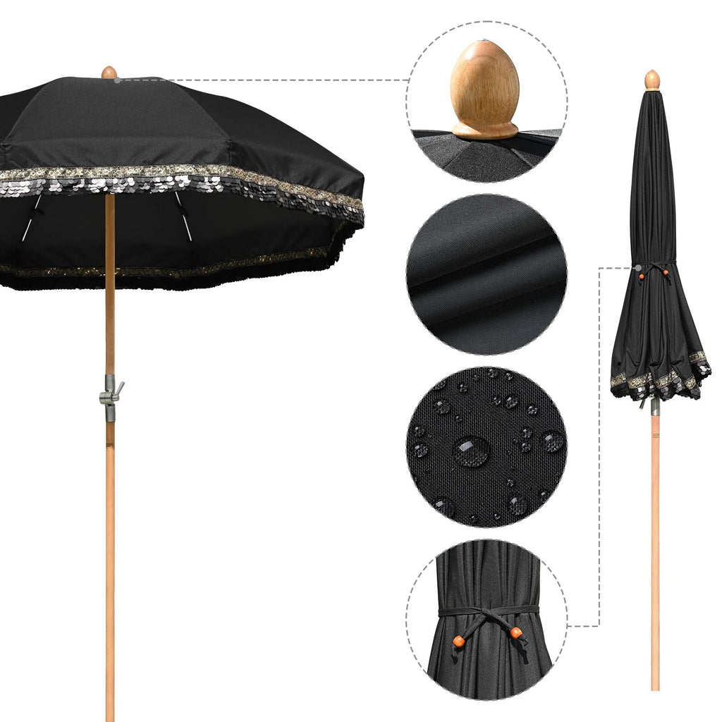 LAGarden 6 Ft Fringe Patio Umbrella with Tassel Jazz Age Wood UPF50+ for Outdoor, Beige with gold tassel,Model: JZ6-01