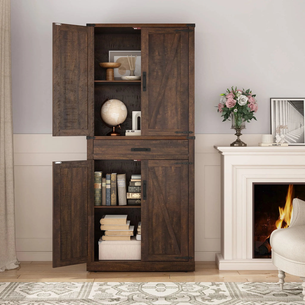 72" Tall Farmhouse Kitchen Pantry Cabinet w/1 Drawer & 4 Roomy Storage Shelves, Versatile Wood Storage Cabinet with 4 Barn Door & Adjustable Shelves &  for Dining Room Bathroom Utility Room